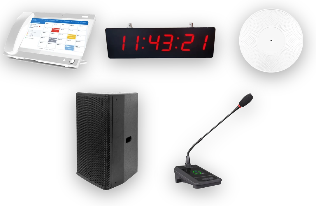 Conference audio unit, queue ticket dispenser, NTP clock, ceiling audio pickup and nurse call station